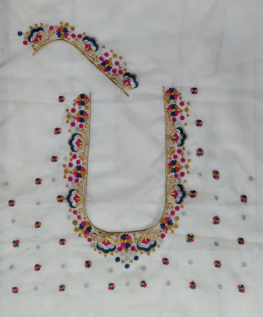 u neck embroidery work with fabric, c 129